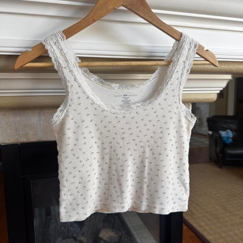 Brandy Melville‎ Skylar Floral Lace Tank Top White Ribbed Cotton Coquette OS